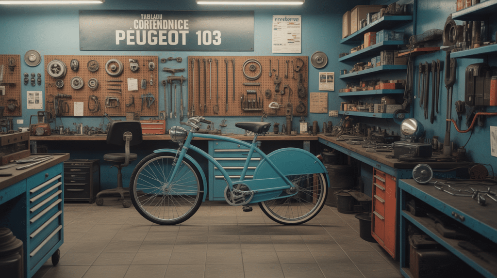 atelier mécanique rétro avec tableau de correspondance peugeot 103