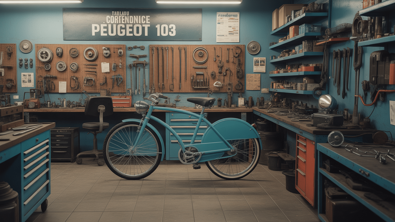 atelier mécanique rétro avec tableau de correspondance peugeot 103