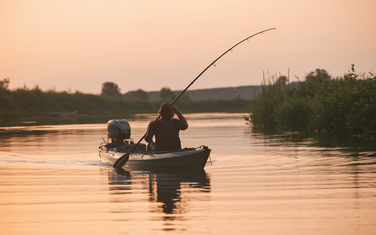 moteur sur kayak pêcheur vue arrière