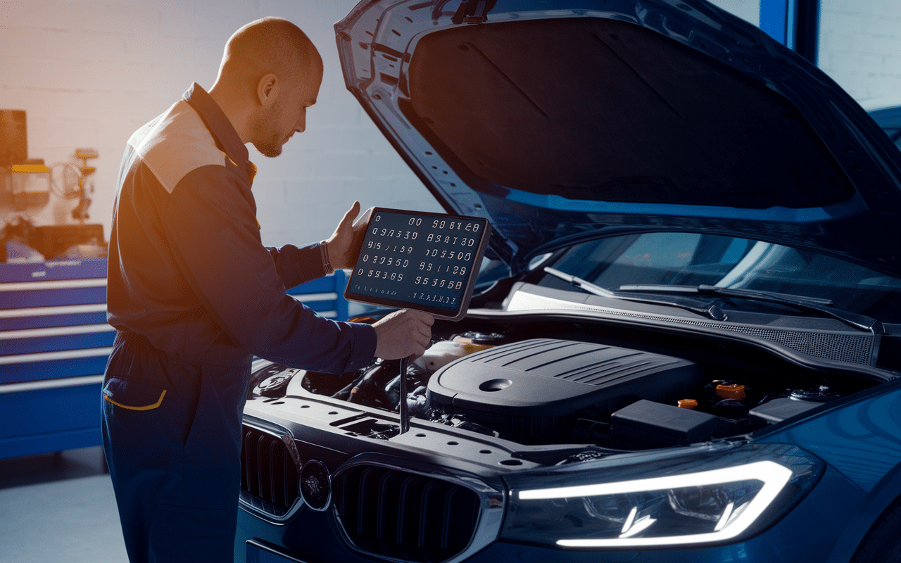 Mécanicien utilisant diagnostic voyant 208 orange