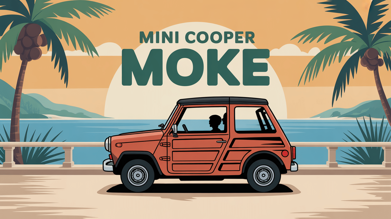 mini cooper moke véhicule ouvert route côtière vintage