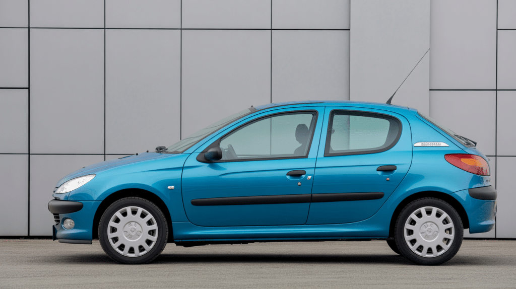 Peugeot 206 saloon bleue en trois-quarts avec coffre visible