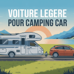 Camping-car avec voiture legere pour camping car sur route de campagne