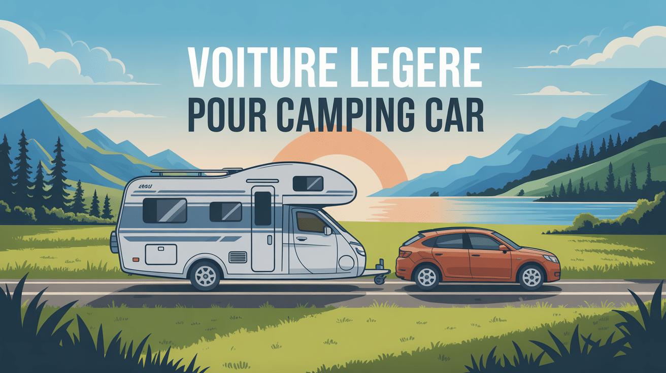 Camping-car avec voiture legere pour camping car sur route de campagne