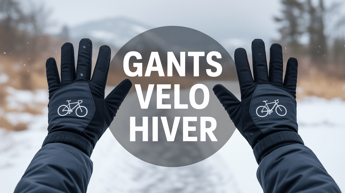 Gants velo hiver noirs sur guidon sous la neige