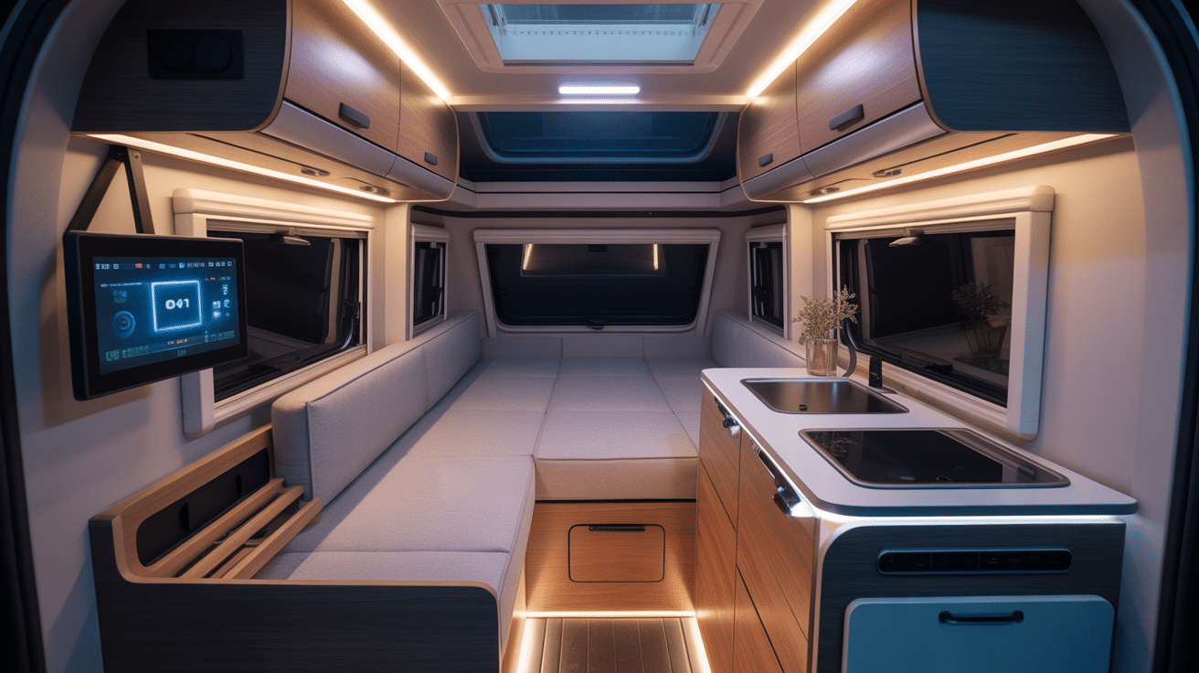 camping car tesla intérieur high-tech cuisine lit