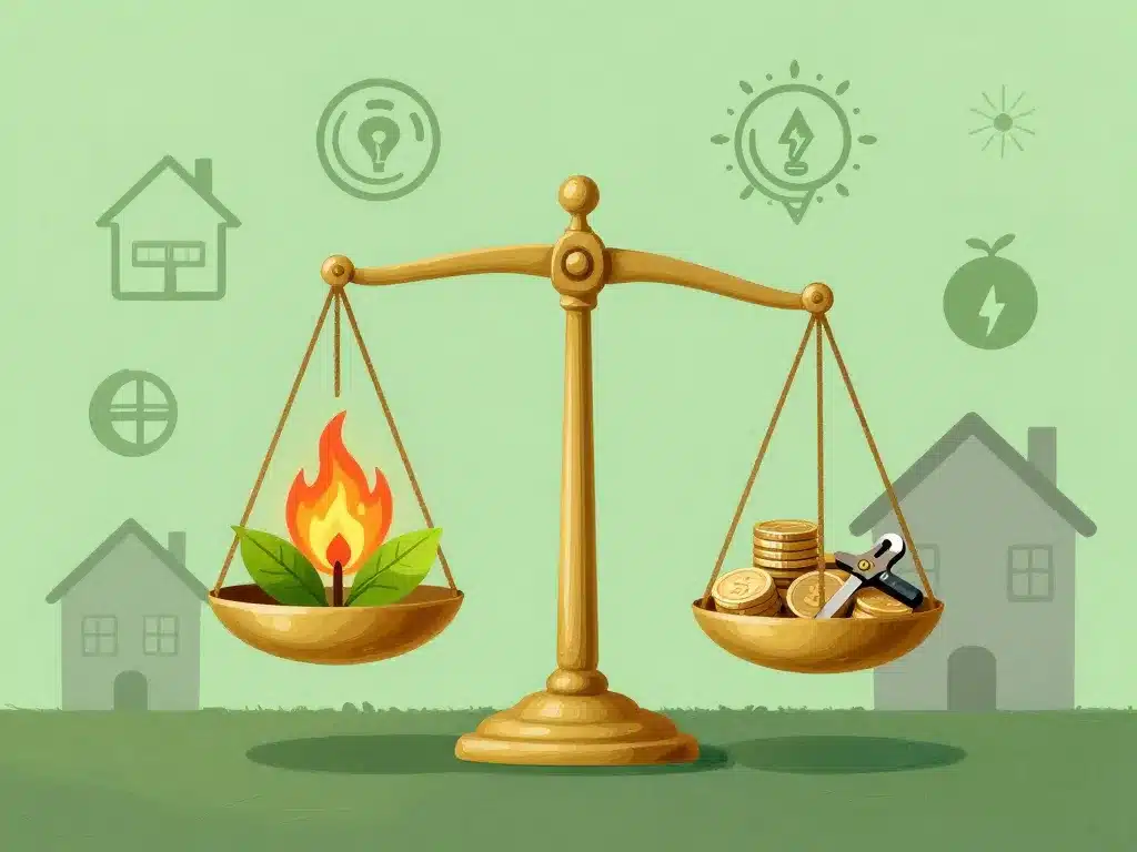 balance ecofuel avec flammes, feuilles et pièces de monnaie