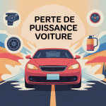 illustration perte de puissance voiture route sinueuse symboles mécaniques