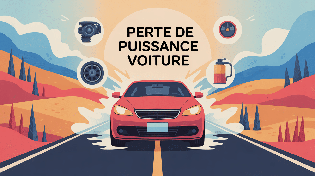 illustration perte de puissance voiture route sinueuse symboles mécaniques