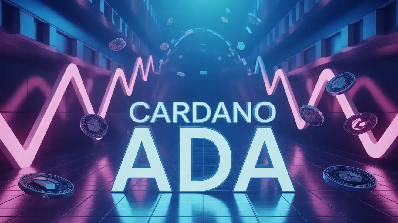 Illustration Cardano ADA avec graphiques en baisse et jetons flottants