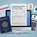 Illustration déclaration des comptes à l'étranger avec passeport et formulaire fiscal