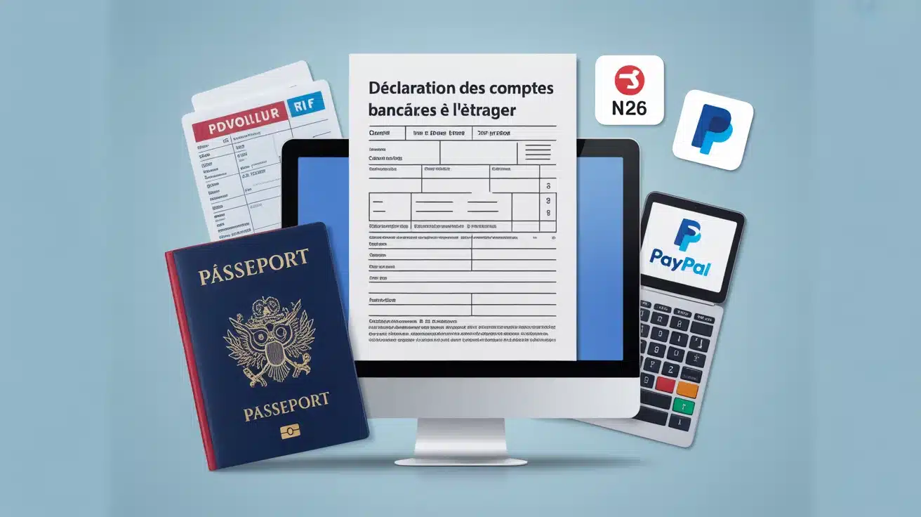 Illustration déclaration des comptes à l'étranger avec passeport et formulaire fiscal