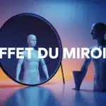 Illustration de l'effet du miroir avec un grand miroir stylisé et silhouettes humaines abstraites