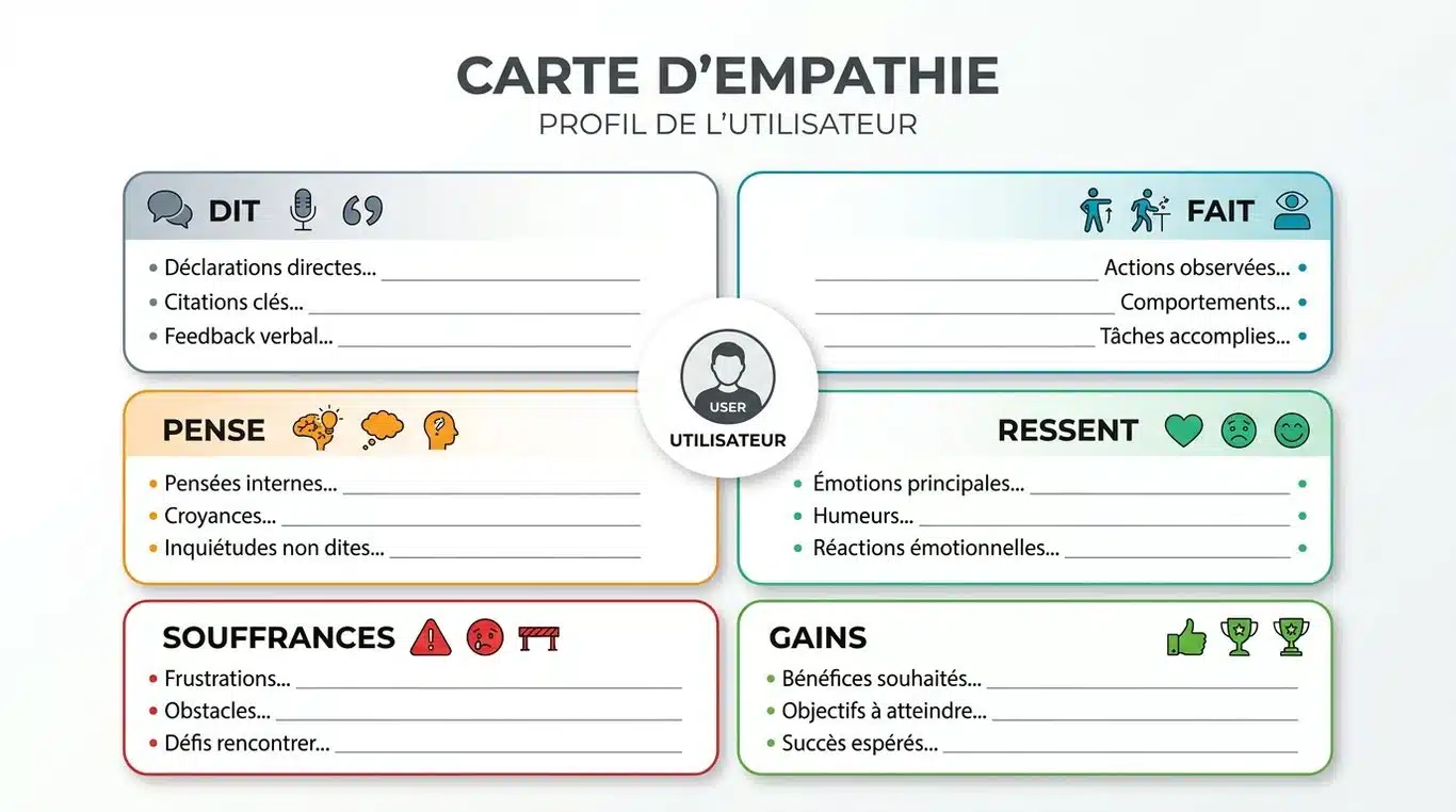 Modèle visuel d'une carte d'empathie avec ses quatre quadrants et les sections Pains/Gains.