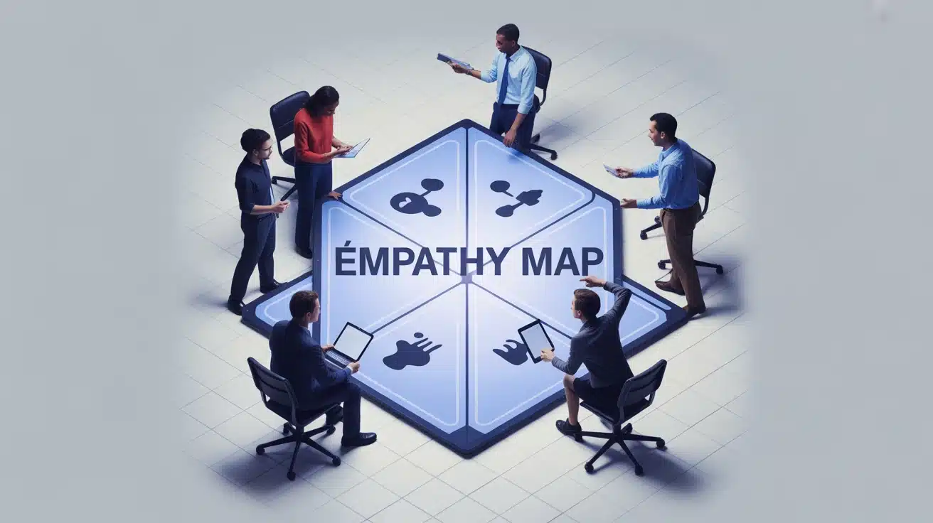 équipe diverse autour d'une empathy map quatre quadrants
