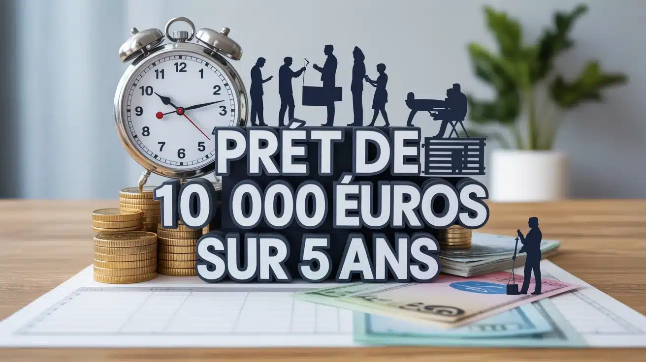 illustration prêt de 10 000 euros sur 5 ans avec pièces et horloge