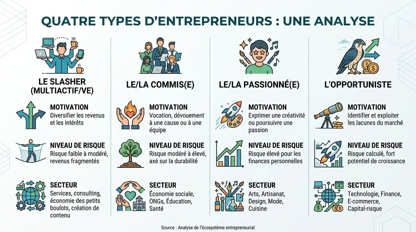 Infographie des profils d'entrepreneurs : Slasher, Engagé, Passionné, Opportuniste