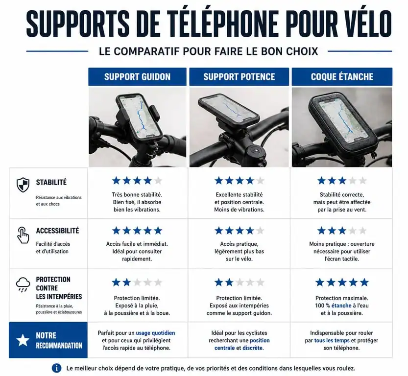 Infographie comparative des types de porte téléphone vélo : guidon, potence et étui étanche