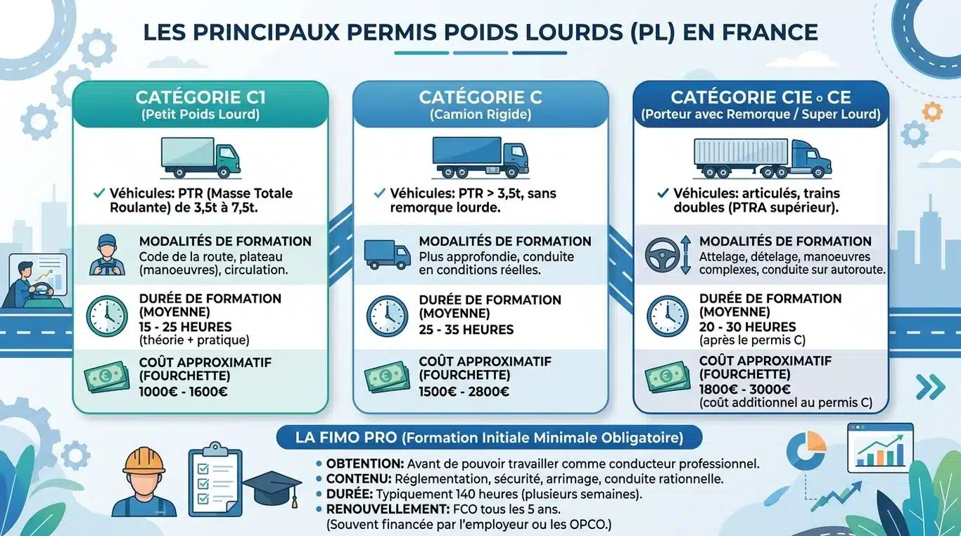 Infographie récapitulative des coûts et durées des permis poids lourds