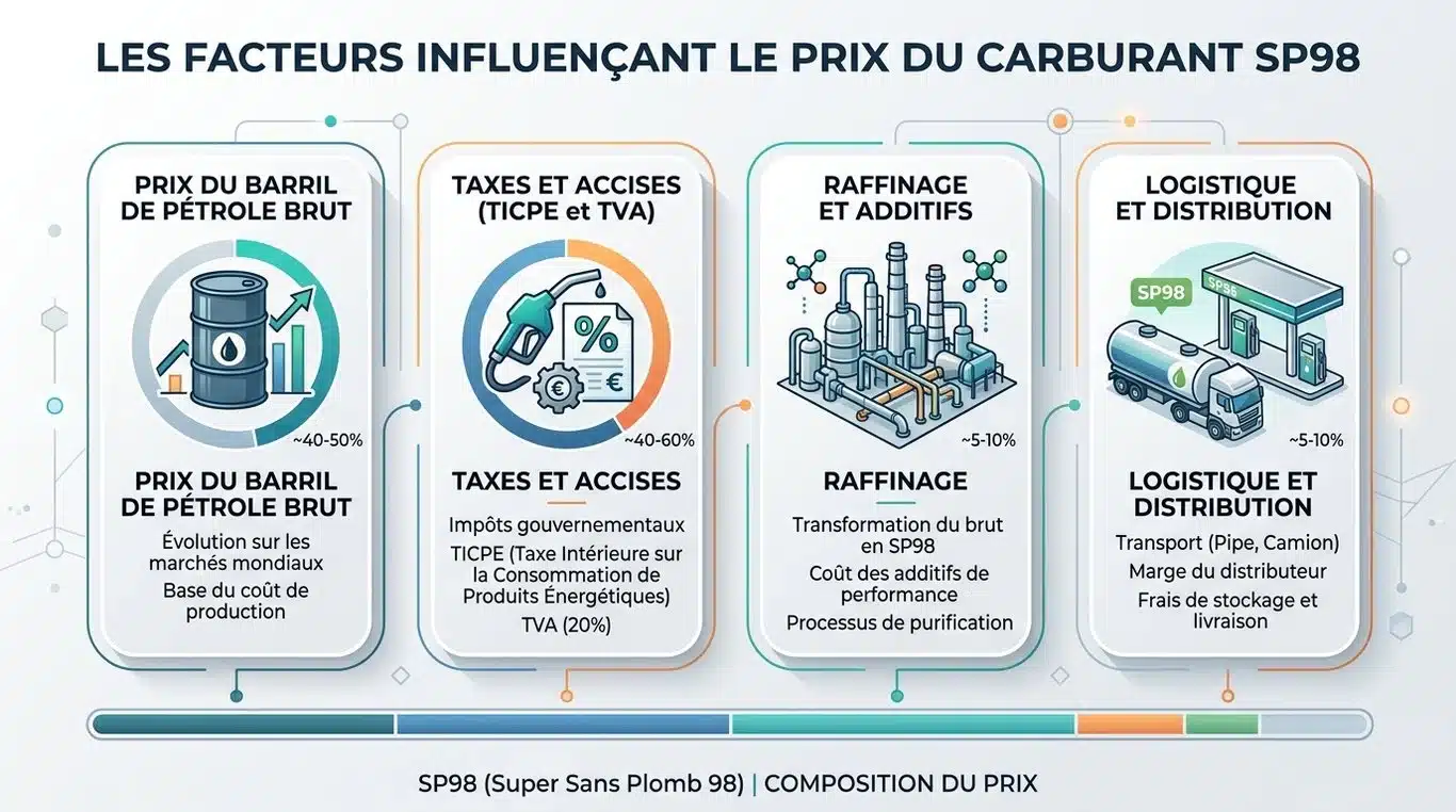 Infographie expliquant les facteurs qui composent le prix du carburant SP98