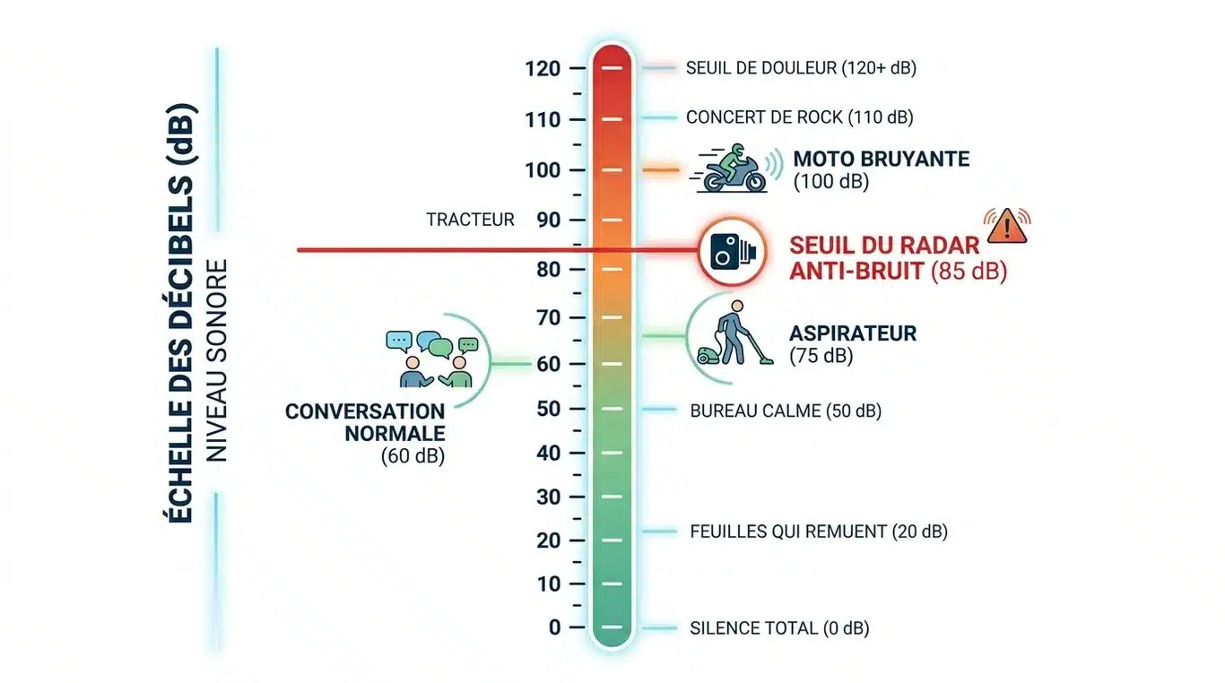 Infographie comparative des niveaux de décibels et seuil de déclenchement du radar anti-bruit