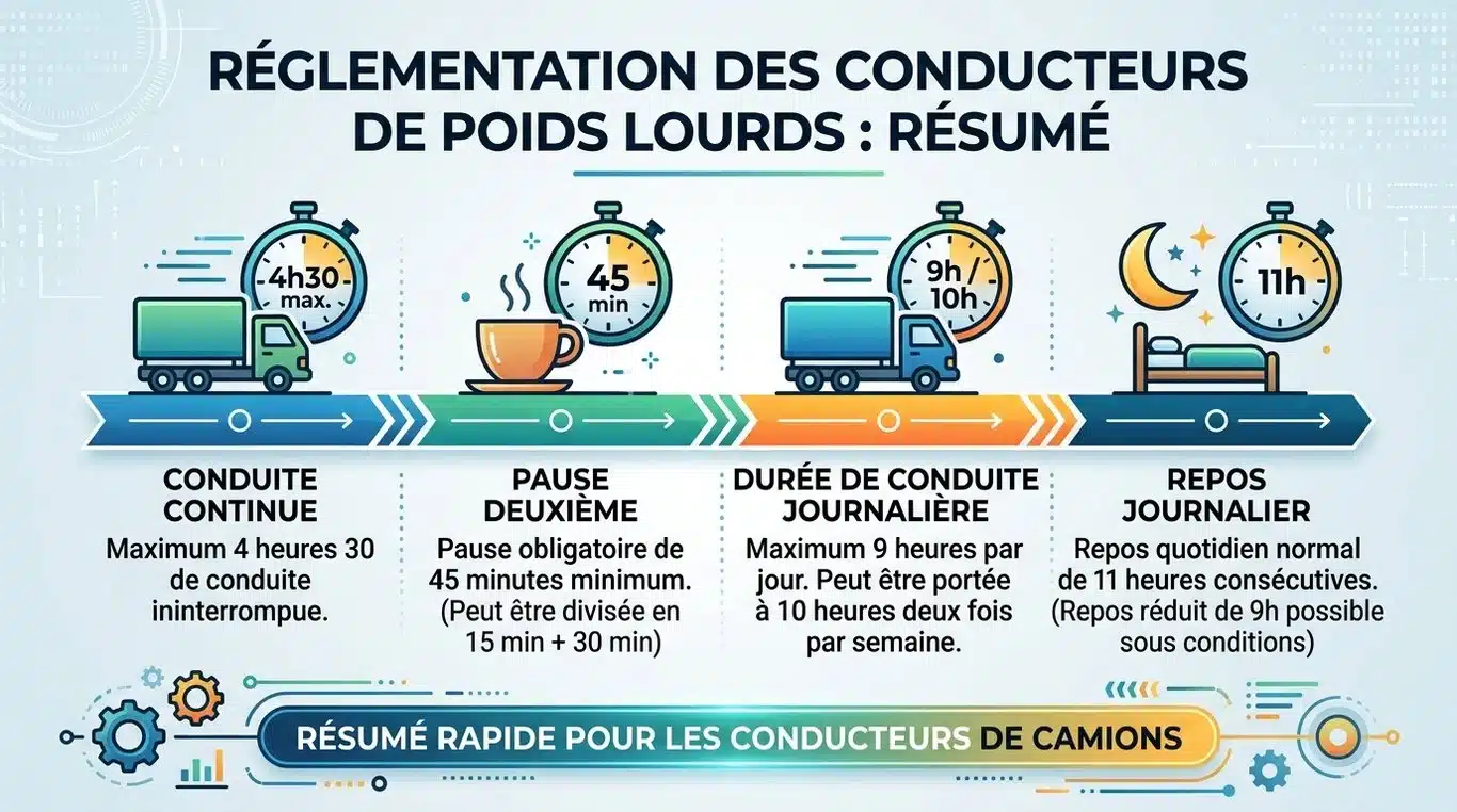 Infographie récapitulative des temps de conduite et de repos pour les conducteurs de poids lourds