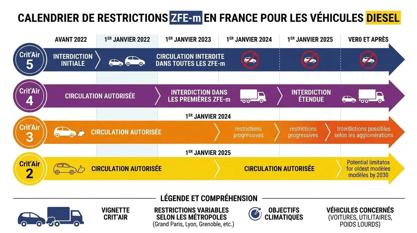 Infographie du calendrier des restrictions ZFE et des catégories Crit'Air pour les véhicules diesel en France