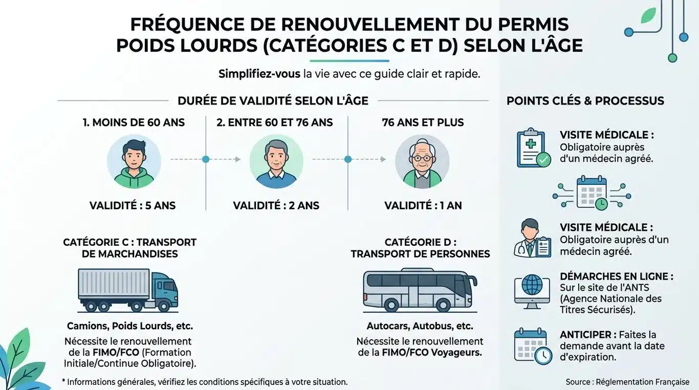 Infographie : Périodicité de renouvellement du permis poids lourd selon l'âge