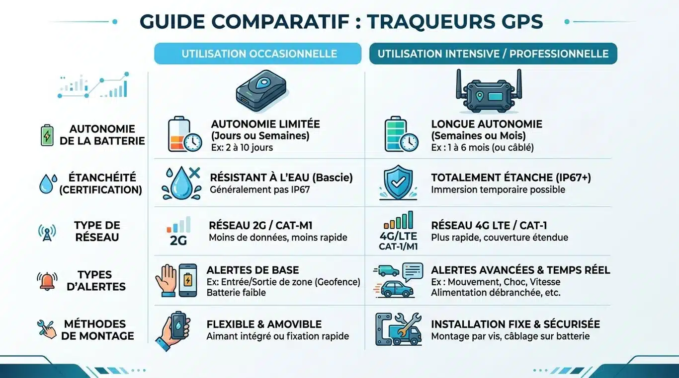 Infographie comparative des critères de choix pour un traceur GPS autonome