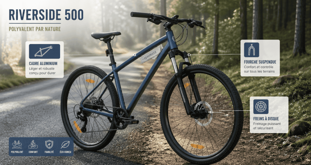 Vélo Riverside 500 sur asphalte et sentier, composants clés