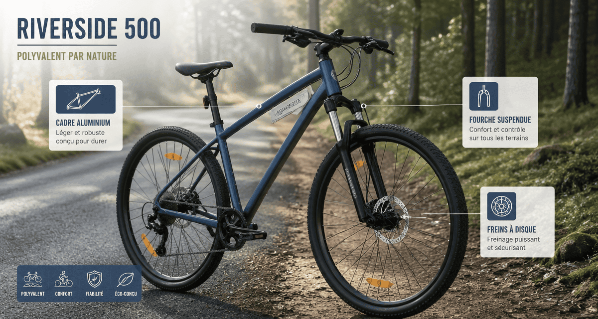 Vélo Riverside 500 sur asphalte et sentier, composants clés