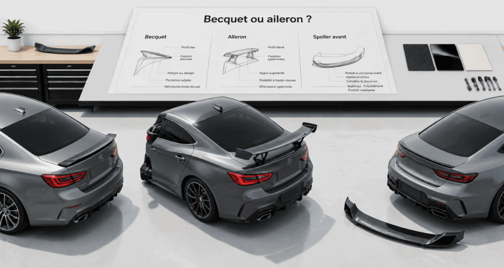 Becquet voiture et aileron alignés en atelier