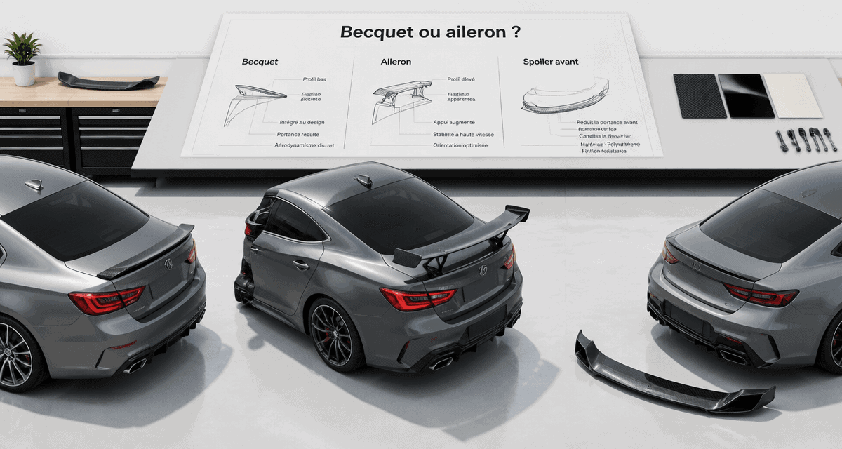 Becquet voiture et aileron alignés en atelier