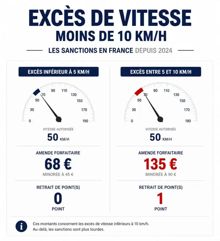 Infographie des sanctions pour excès de vitesse inférieur à 10 km/h en France en 2024