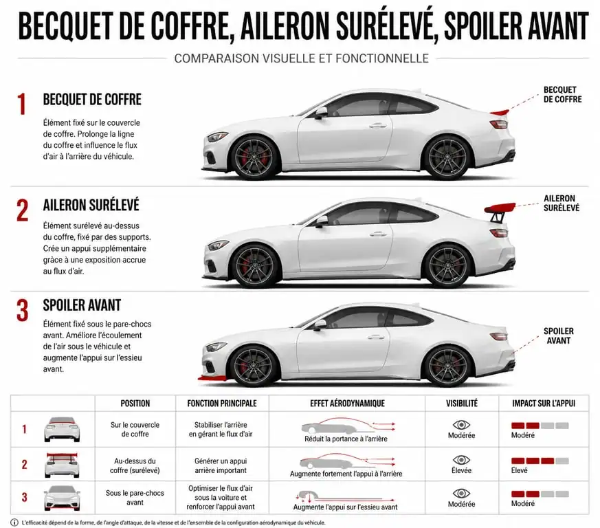 Schéma comparatif des différences entre becquet voiture, aileron et spoiler