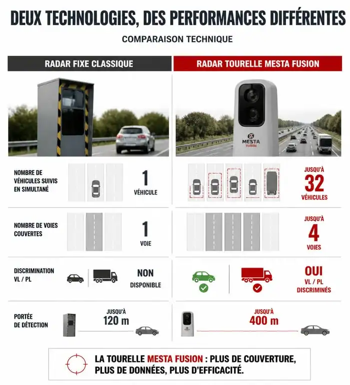 Comparatif technique entre radar fixe classique et radar tourelle MESTA FUSION