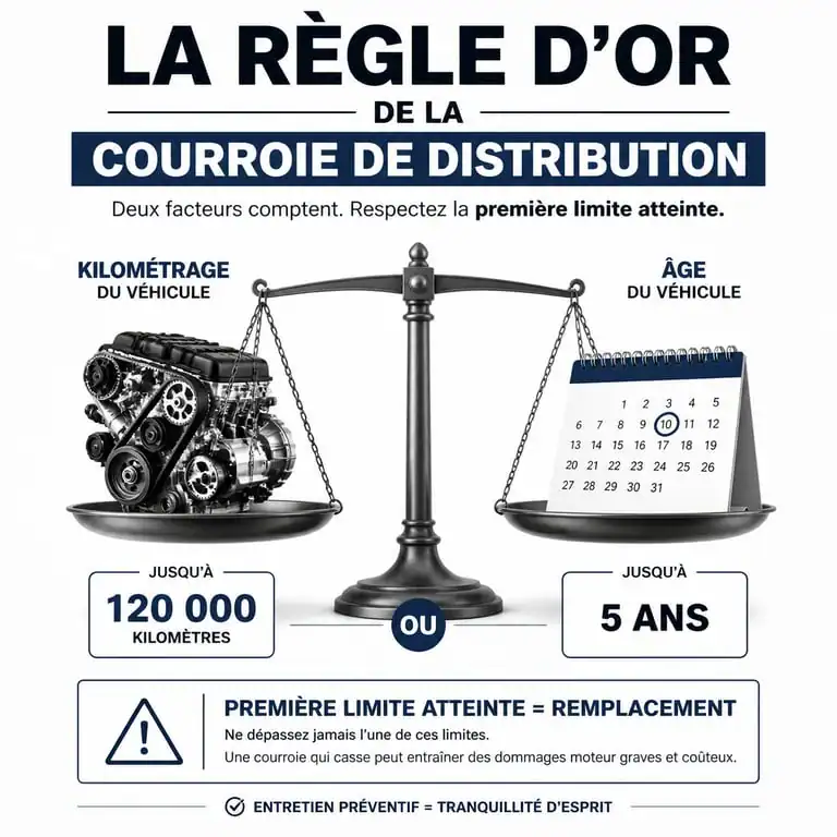 Infographie sur les critères de changement de la courroie de distribution : kilométrage et âge du véhicule