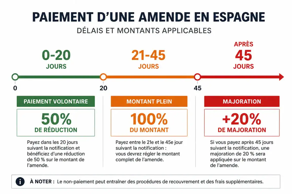 Infographie des délais de paiement pour une amende en Espagne : réduction de 50% sous 20 jours et majoration après 45 jours.