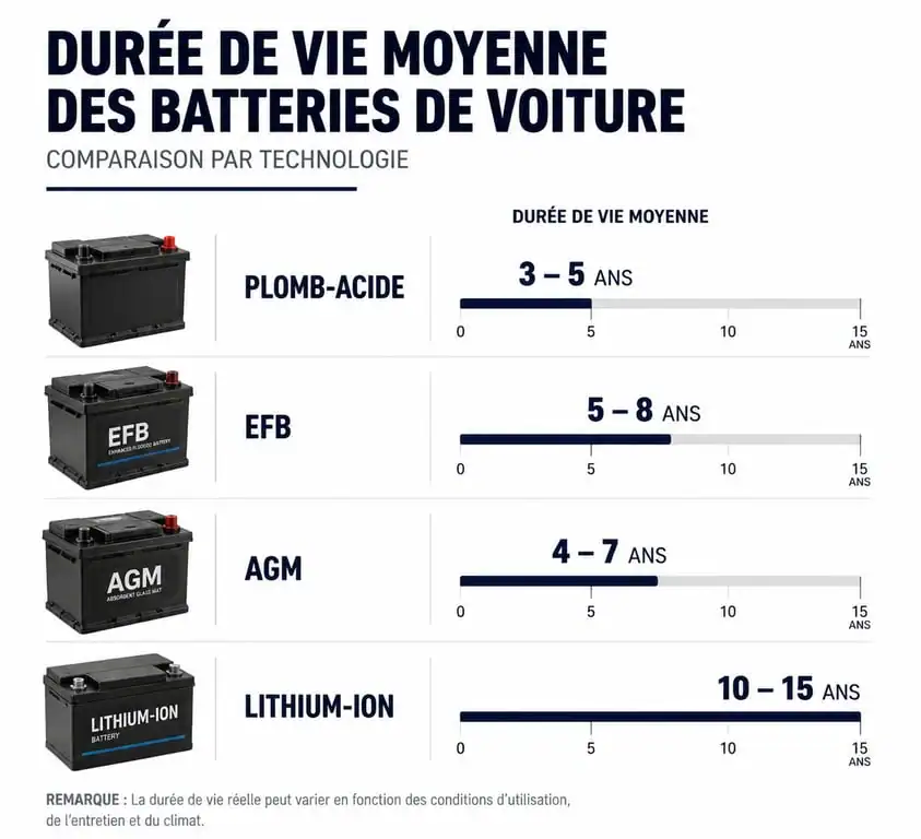 Infographie comparative de la durée de vie des batteries de voiture selon la technologie utilisée
