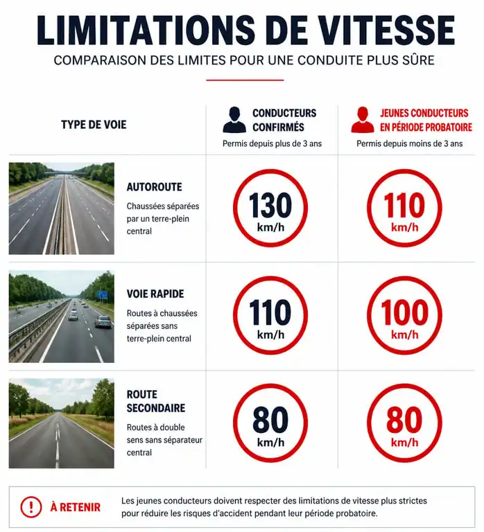 Tableau comparatif des limitations de vitesse pour jeune conducteur et conducteur confirmé