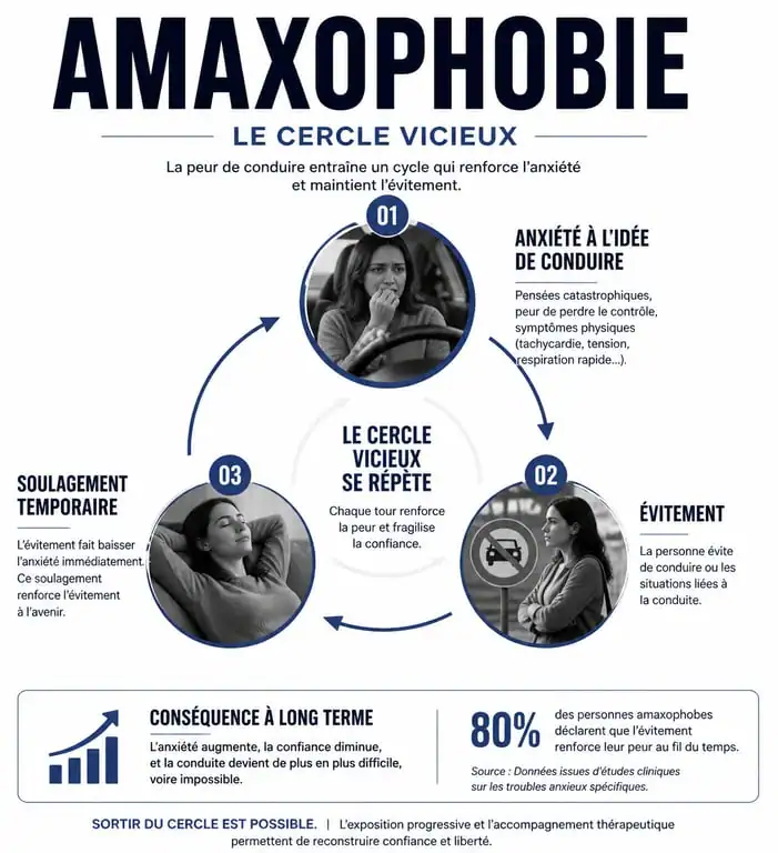 Infographie explicative du cercle vicieux de l'amaxophobie et des symptômes associés