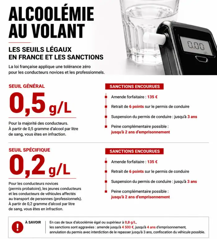 Infographie des seuils légaux d'alcool au volant et sanctions en France