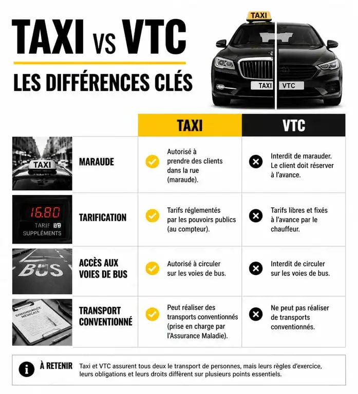 Infographie comparative des différences entre chauffeur de taxi et VTC