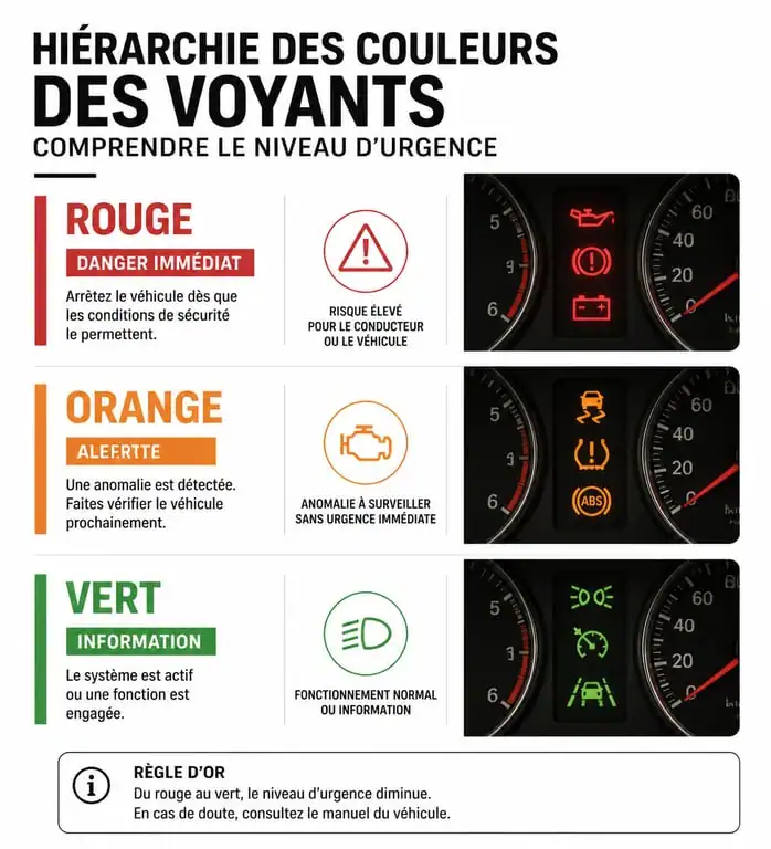 Guide visuel des voyants tableau de bord et leur signification par couleur