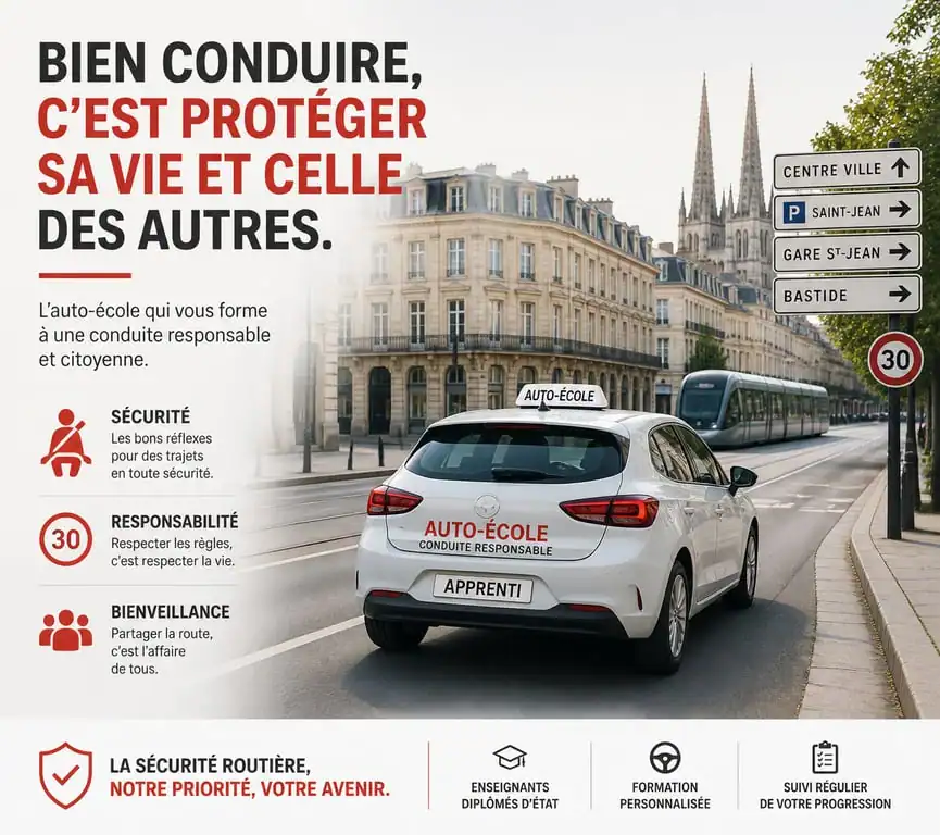 Voiture d'auto-école Sécurité Conduite circulant dans les rues de Bordeaux pour un apprentissage sécurisé