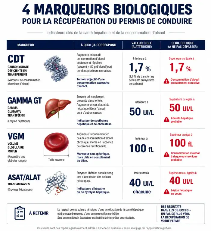 Infographie des marqueurs biologiques CDT pour la récupération du permis de conduire 2024