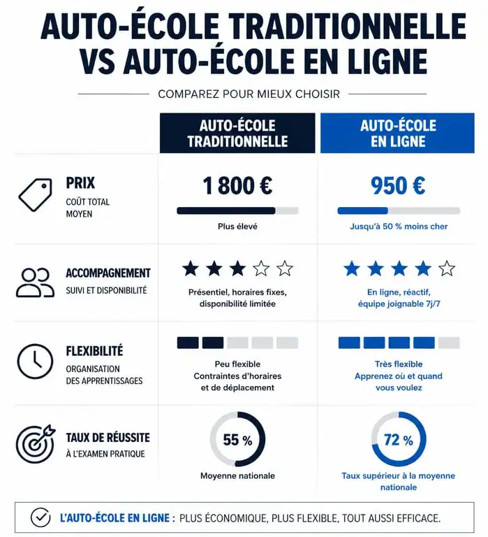 Infographie comparative des modèles d'auto-école : traditionnelle vs en ligne pour choisir son comparateur auto ecole