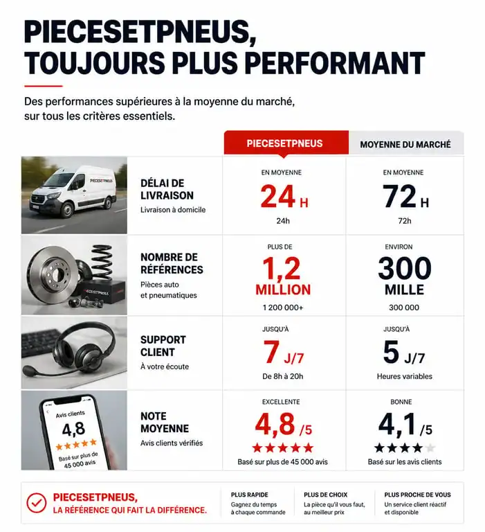 Infographie comparative des performances de PiecesEtPneus pour évaluer la fiabilité du site
