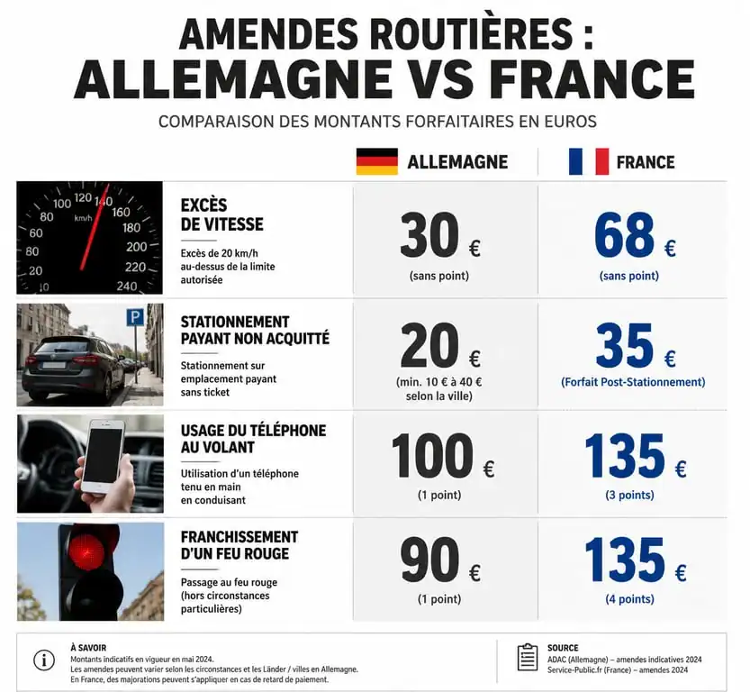 Comparatif des montants d'amendes routières entre l'Allemagne et la France pour payer une amende en Allemagne par virement
