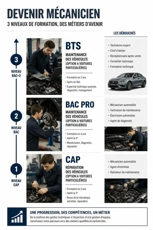 Infographie des études de mécanicien : du CAP au BTS, les parcours de formation et débouchés